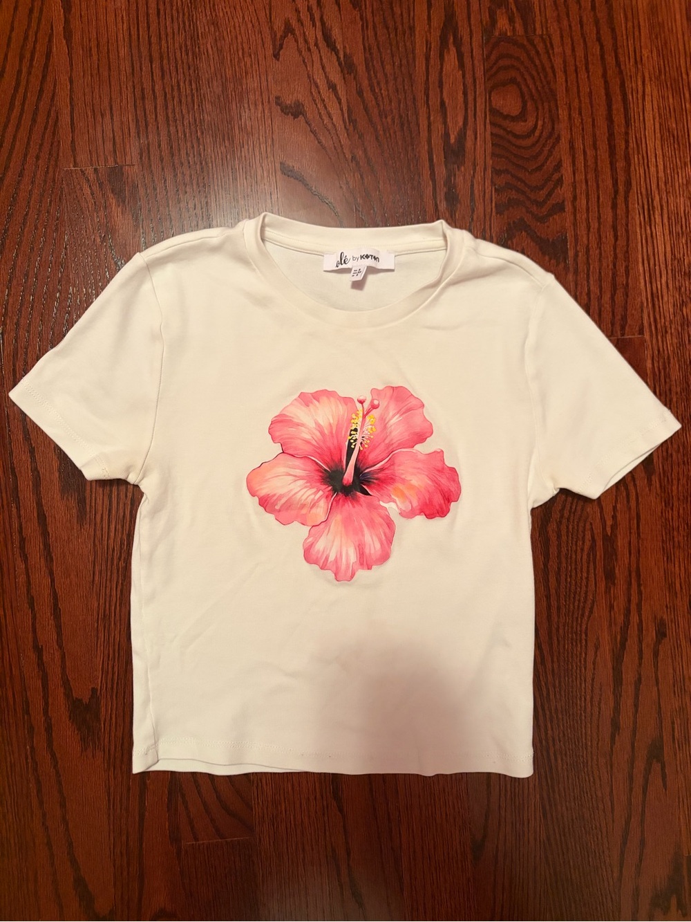 Cream Tee with Pink Floral Hibiscus